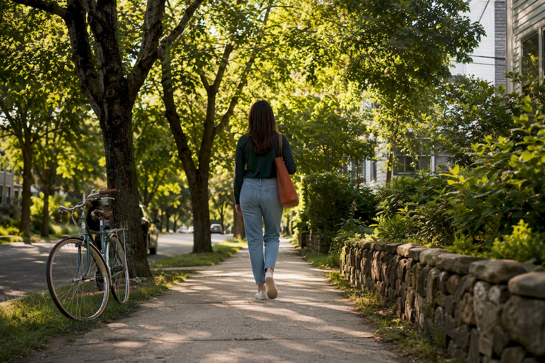 Mature trees along a walkable Maine neighborhood