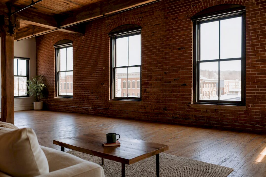 Exposed brick Lewiston mill loft interior