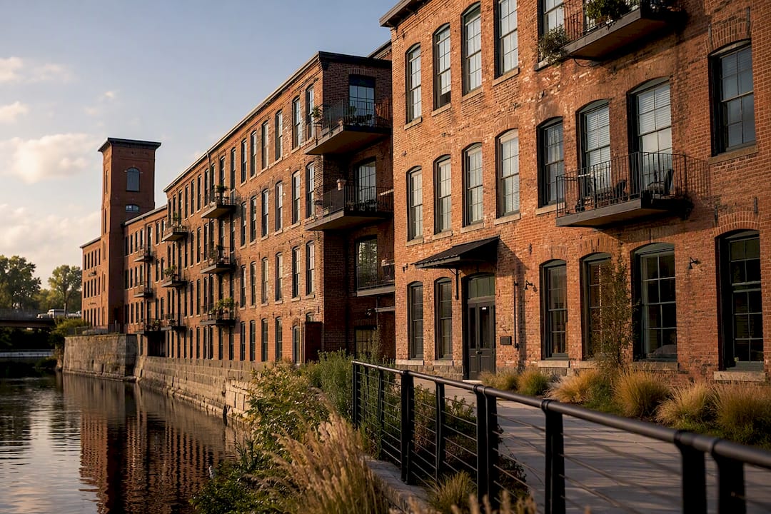 Converted brick mill buildings beside Saco river