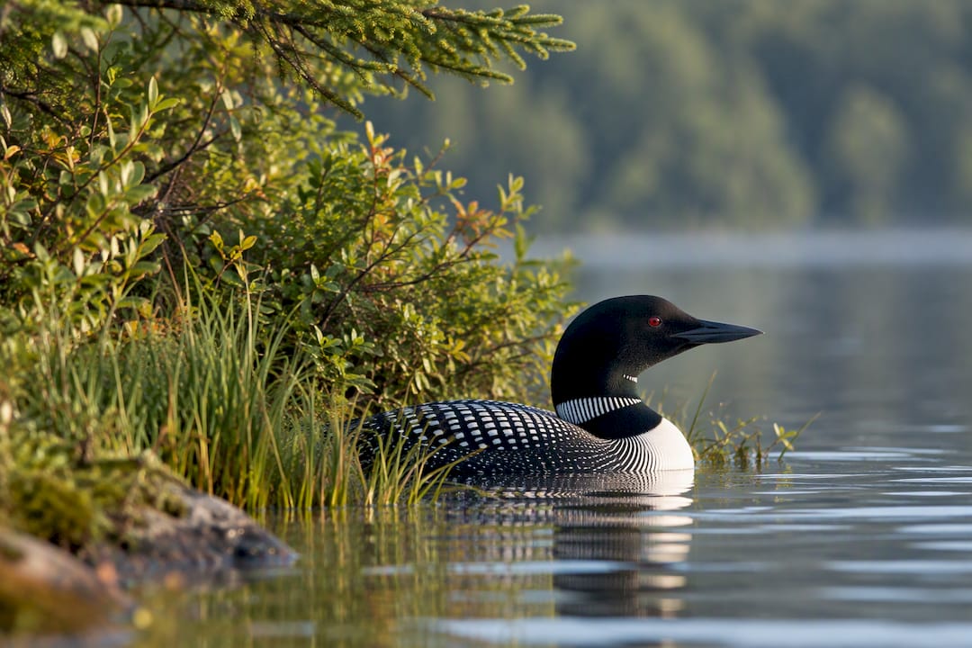 Loon beside a vegetated Maine shoreline