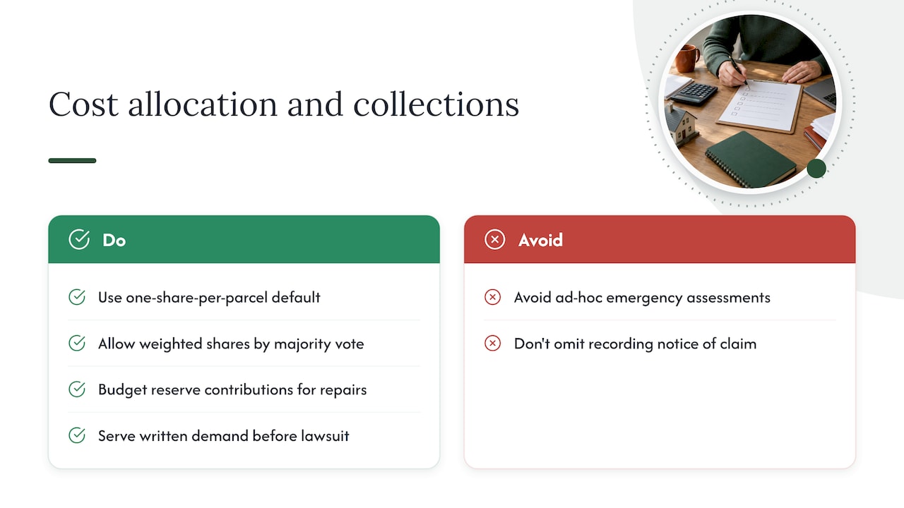 Allocating costs, building reserves, and collecting unpaid assessments — overview diagram