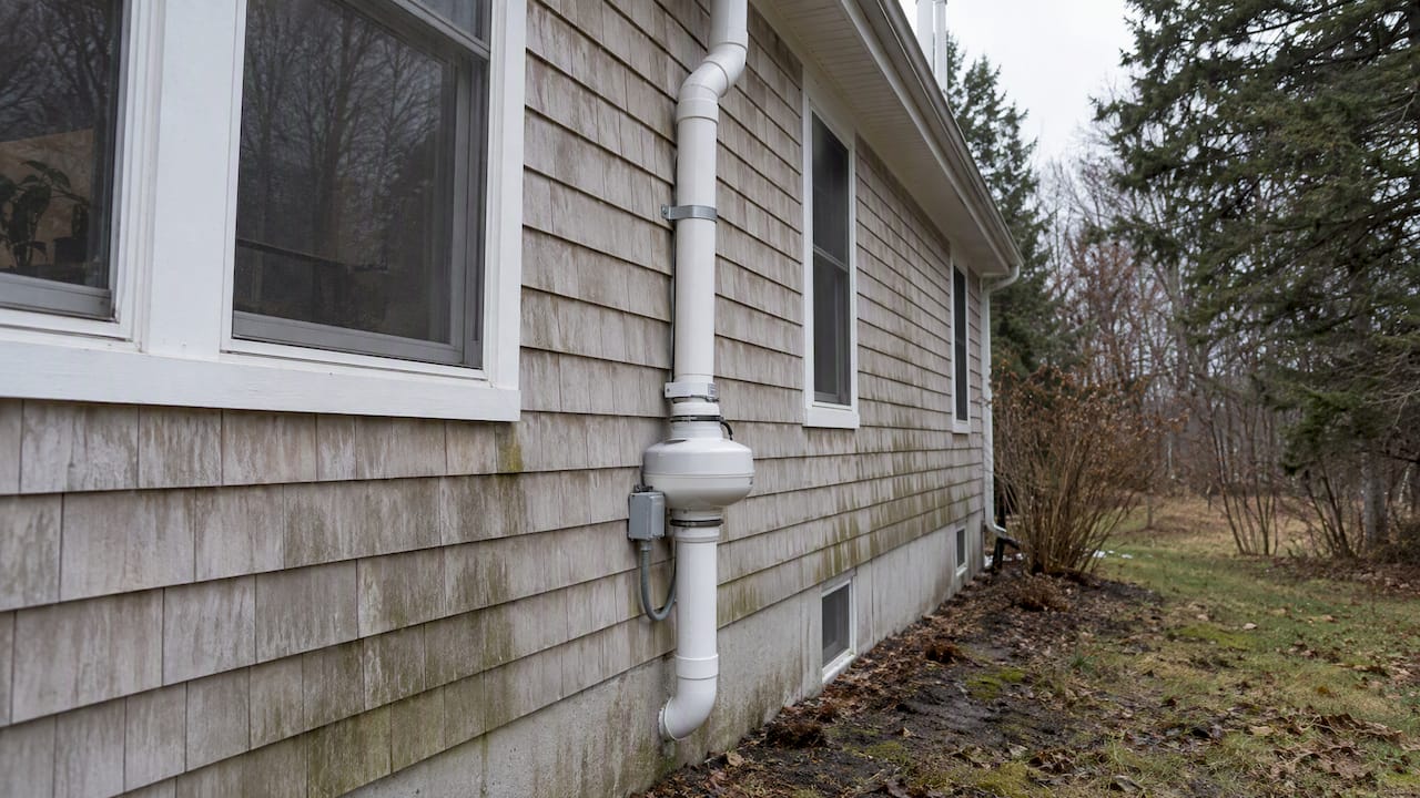 Exterior radon mitigation fan and vent pipe