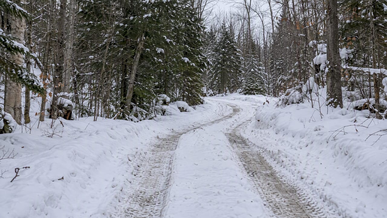 Snowbound rural access road through Maine woods