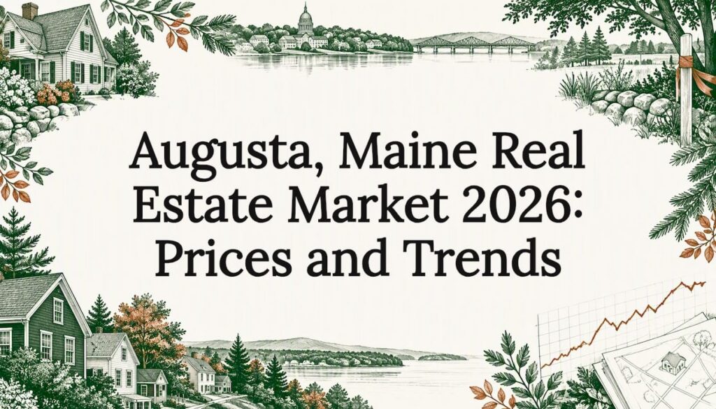 Hand-drawn Maine homes framing a title